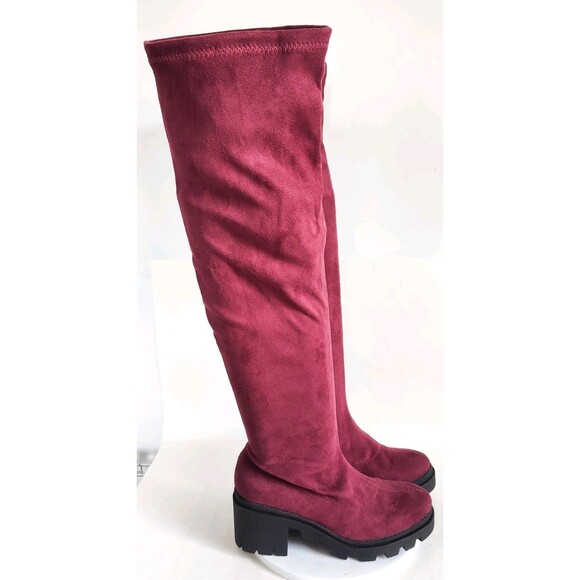 Wild Diva Thigh High Over The Knee Sock Boots Size 6.5 Faux Suede Burgundy Vegan - Picture 3 of 13